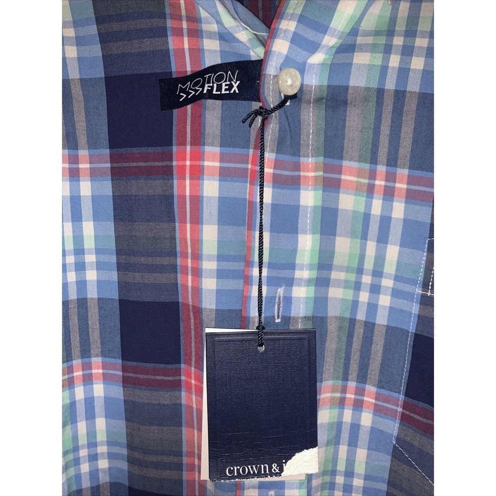 NWT. Crown & Ivy Button Down Plaid Shirt Classic Fit Men Large Blue Plaid - Picture 3 of 4
